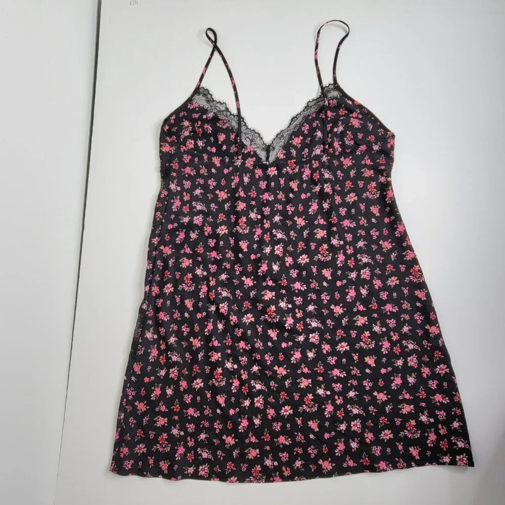 Victorias Secret Women Large‎ Black Pink Floral Lace Slip Gown Dress Nightie